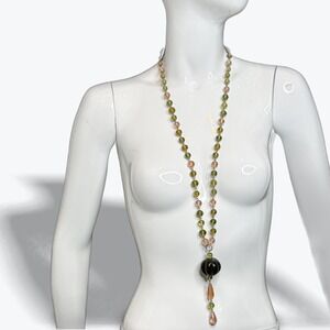 Vintage Lampwork Lariat Necklace 40in Art Glass Beads Pink Green Pumpkin Pendant